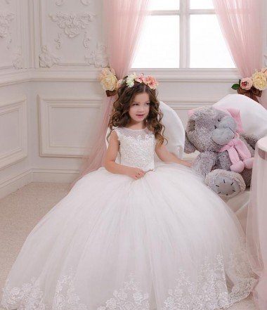 Marfil Barco Cola capilla Tul Encaje Largo vestidos de niña de las flores Descuento