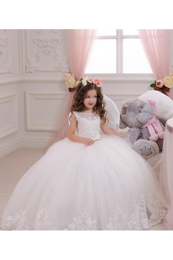Marfil Barco Cola capilla Tul Encaje Largo vestidos de niña de las flores Descuento