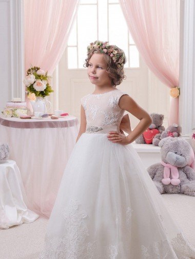 Marfil Barco Cola capilla Tul Encaje Largo vestidos de niña de las flores Descuento