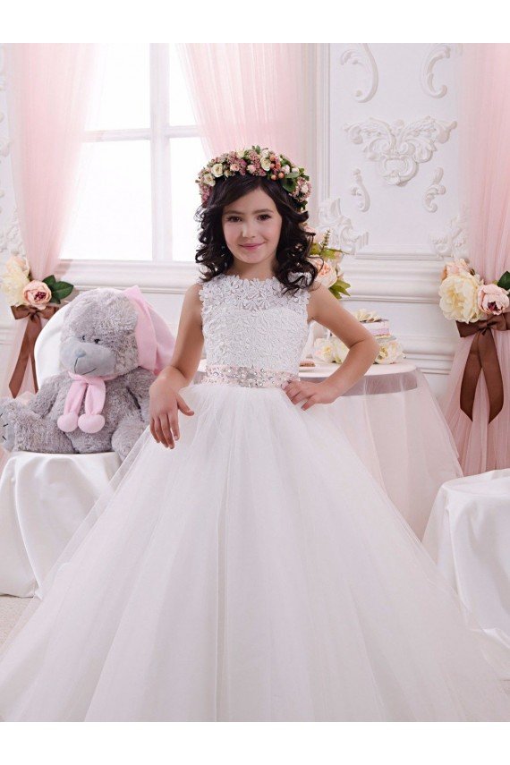 Marfil Barco Cola capilla Tul Encaje Largo vestidos de niña de las flores Descuento