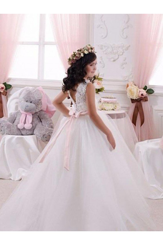 Marfil Barco Cola capilla Tul Encaje Largo vestidos de niña de las flores Descuento