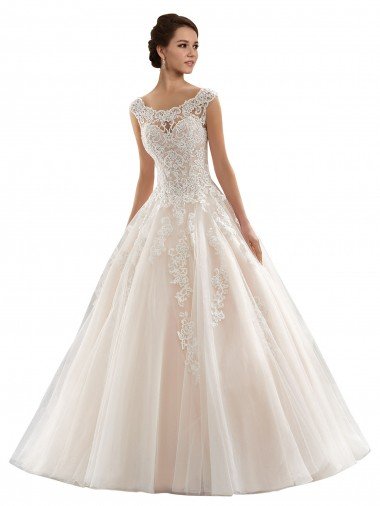Marfil & Champán Barco Cola capilla Tul Encaje Vestidos de novia Descuento