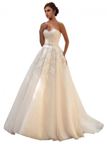Marfil & Champán Cuello de Corazón Cola capilla Tul Encaje Vestidos de novia Descuento