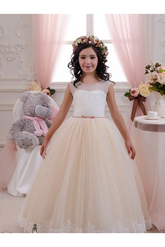 Marfil & Champán Cuello de Corazón Tul Encaje Largo vestidos de niña de las flores Descuento