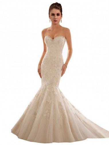 Marfil & Champán Sirena Cuello de Corazón Cola capilla Tul Encaje Vestidos de novia Descuento