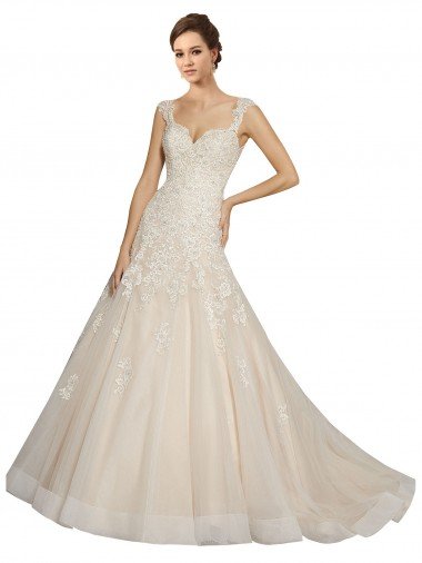 Marfil & Champán Sirena Cuello de Corazón Cola capilla Tul Encaje Vestidos de novia Descuento