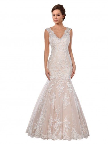 Marfil & Champán Sirena Cuello en V Cola capilla Encaje Clásico Vestidos de novia Descuento