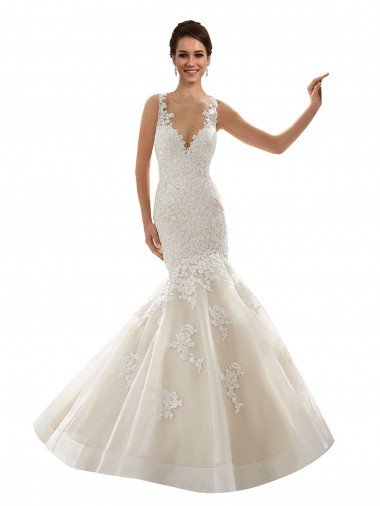 Marfil & Champán Sirena Cuello en V Cola capilla Tul Encaje Clásico Vestidos de novia Descuento