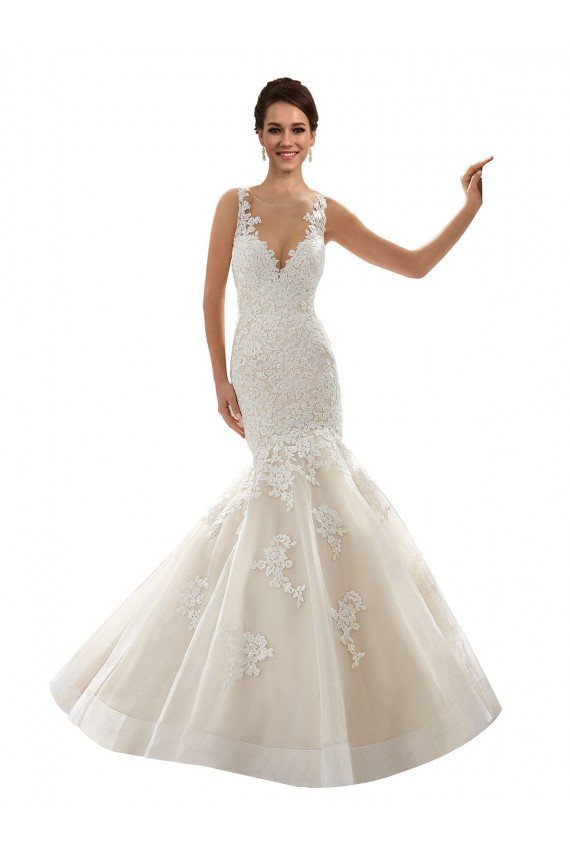 Marfil & Champán Sirena Cuello en V Cola capilla Tul Encaje Clásico Vestidos de novia Descuento