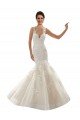 Marfil & Champán Sirena Cuello en V Cola capilla Tul Encaje Clásico Vestidos de novia Descuento