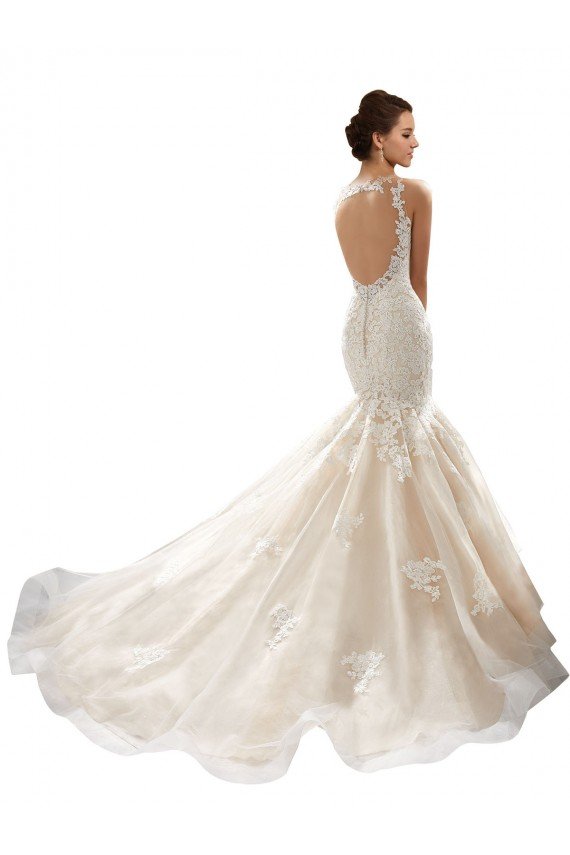Marfil & Champán Sirena Cuello en V Cola capilla Tul Encaje Clásico Vestidos de novia Descuento