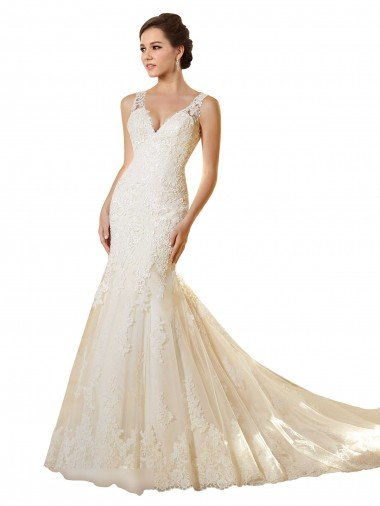 Marfil & Champán Sirena Cuello en V Cola capilla Tul Encaje Vestidos de novia Descuento