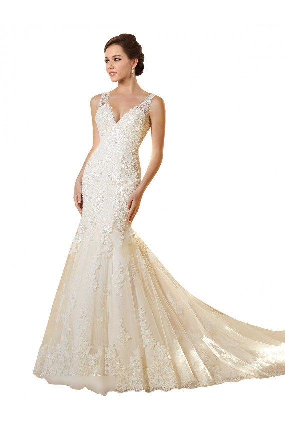 Marfil & Champán Sirena Cuello en V Cola capilla Tul Encaje Vestidos de novia Descuento