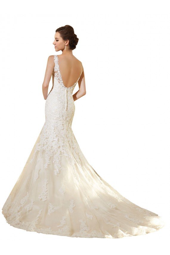 Marfil & Champán Sirena Cuello en V Cola capilla Tul Encaje Vestidos de novia Descuento