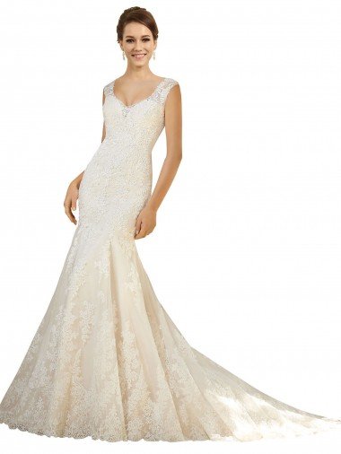 Marfil & Champán Sirena Cuello en V Cola capilla Tul Encaje Vestidos de novia Descuento
