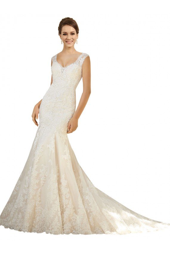 Marfil & Champán Sirena Cuello en V Cola capilla Tul Encaje Vestidos de novia Descuento