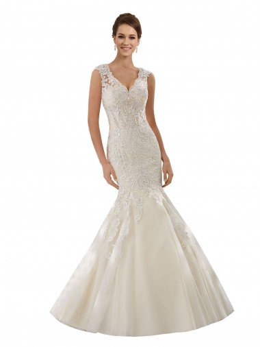 Marfil & Champán Sirena Cuello en V Cola capilla Tul Encaje Vestidos de novia Descuento