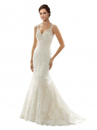 Marfil & Champán Sirena Cuello en V Cola capilla Tul Encaje Vestidos de novia Descuento