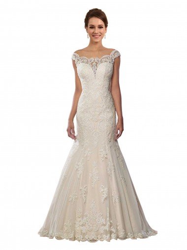 Marfil & Champán Sirena Hombros Descubiertos Cola capilla Encaje Boho Vestidos de novia Descuento