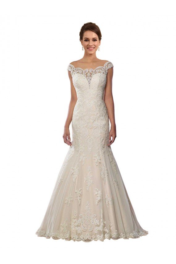 Marfil & Champán Sirena Hombros Descubiertos Cola capilla Encaje Boho Vestidos de novia Descuento