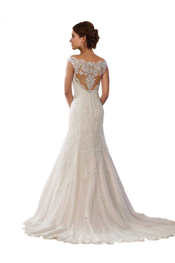 Marfil & Champán Sirena Hombros Descubiertos Cola capilla Encaje Boho Vestidos de novia Descuento