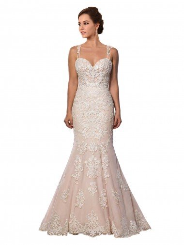 Marfil & Champán Sirena Tirantes espagueti Cola capilla Encaje Boho Vestidos de novia Descuento
