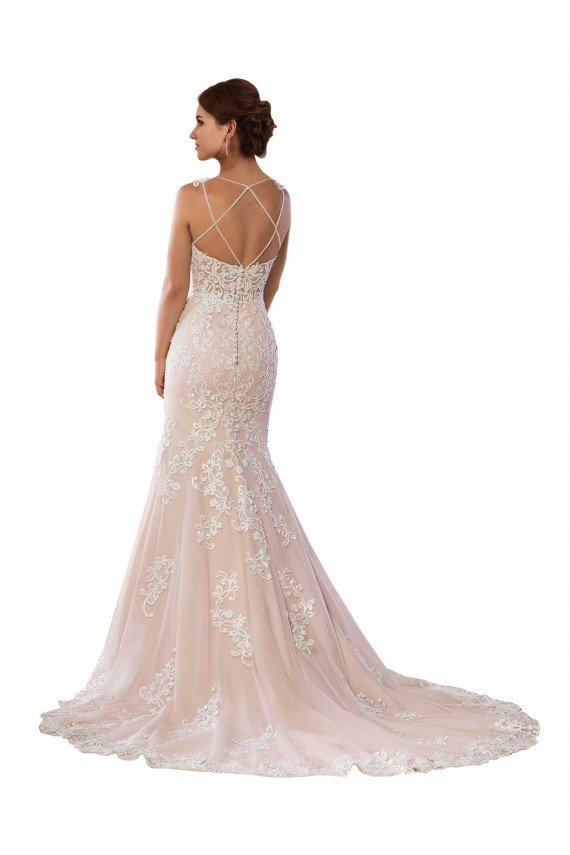 Marfil & Champán Sirena Tirantes espagueti Cola capilla Encaje Boho Vestidos de novia Descuento