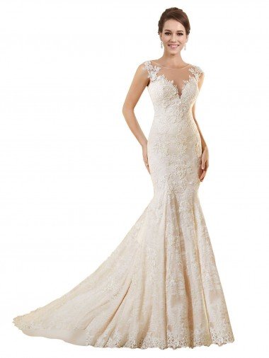 Marfil & Champán Sirena Ilusión Cola capilla Encaje Vestidos de novia Descuento
