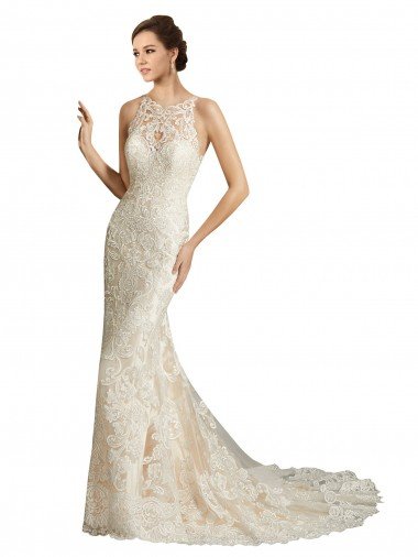 Marfil & Champán Sirena Ilusión Cola capilla Tul Encaje Clásico Vestidos de novia Descuento