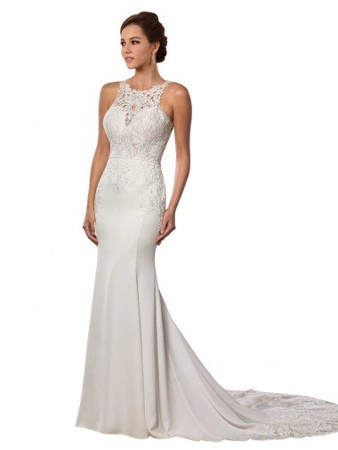 Marfil Cubierta Cuello Alto Cola capilla Encaje Vestidos de novia Descuento