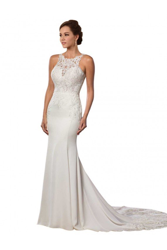 Marfil Cubierta Cuello Alto Cola capilla Encaje Vestidos de novia Descuento