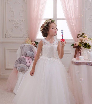 Marfil Cuello Alto Tul Encaje Largo vestidos de niña de las flores Descuento