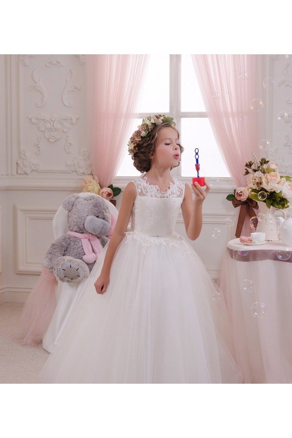Marfil Cuello Alto Tul Encaje Largo vestidos de niña de las flores Descuento