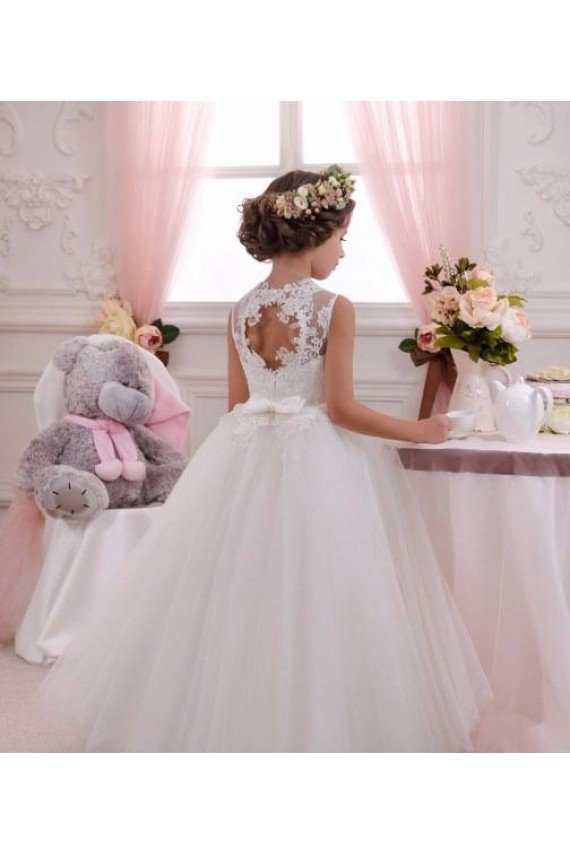 Marfil Cuello Alto Tul Encaje Largo vestidos de niña de las flores Descuento
