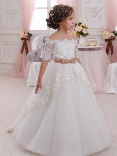 Marfil Cuello Alto Tul Encaje Largo vestidos de niña de las flores Descuento