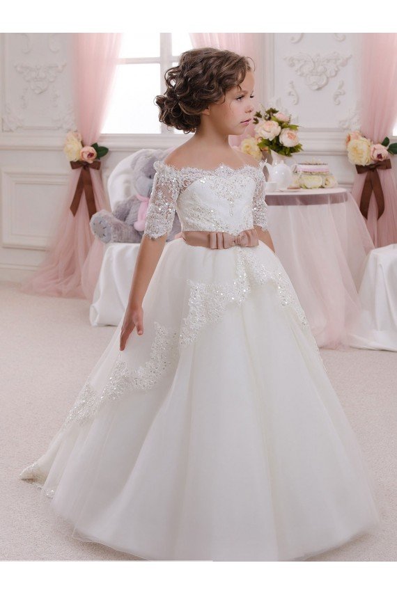 Marfil Cuello Alto Tul Encaje Largo vestidos de niña de las flores Descuento