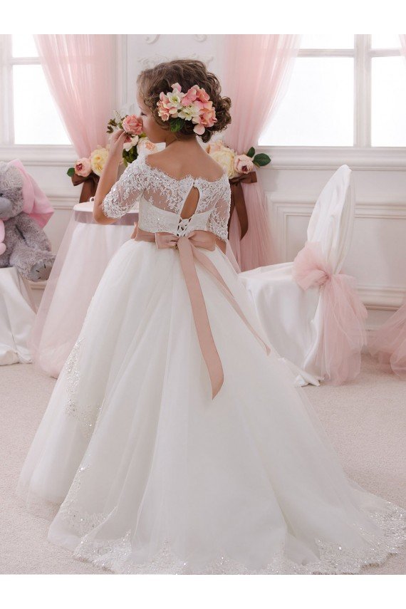 Marfil Cuello Alto Tul Encaje Largo vestidos de niña de las flores Descuento