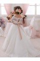 Marfil Cuello Alto Tul Encaje Largo vestidos de niña de las flores Descuento
