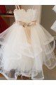Marfil Cuello Alto Tul Encaje Largo vestidos de niña de las flores Descuento