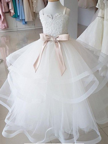 Marfil Cuello Alto Tul Encaje Largo vestidos de niña de las flores Descuento