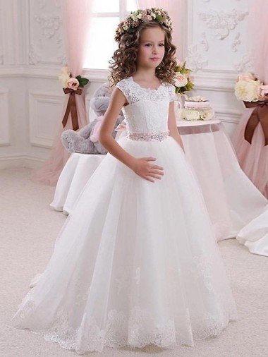 Marfil Cuello Alto Tul Encaje Largo vestidos de niña de las flores Descuento