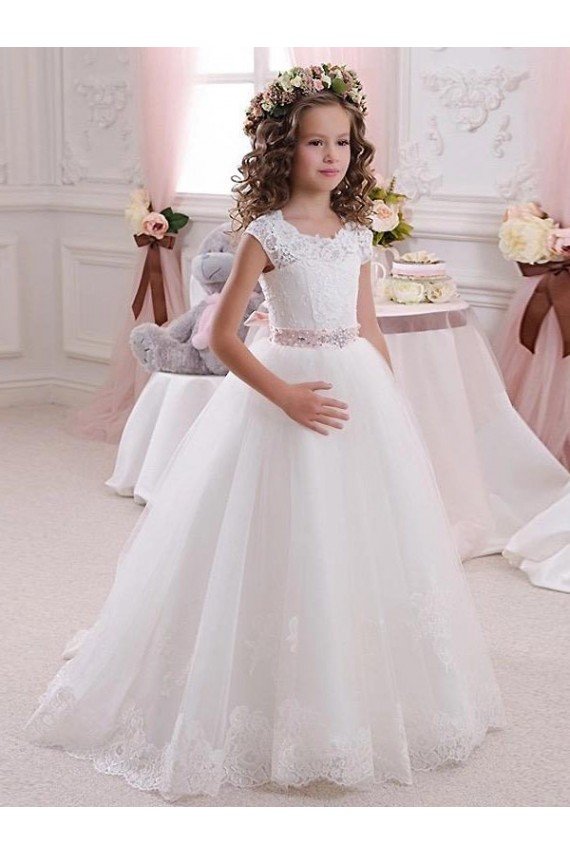 Marfil Cuello Alto Tul Encaje Largo vestidos de niña de las flores Descuento