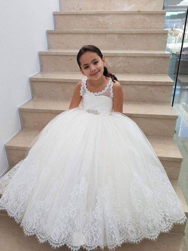 Marfil Cuello Alto Tul Encaje Largo vestidos de niña de las flores Descuento