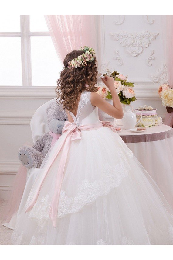 Marfil Cuello de Corazón Cola capilla Tul Encaje Largo vestidos de niña de las flores Descuento