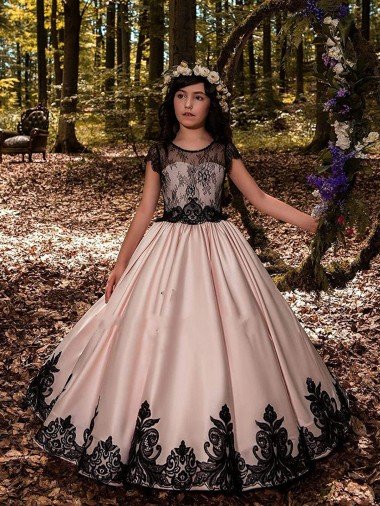 Marfil Cuello de Corazón Satén Encaje Largo vestidos de niña de las flores Descuento