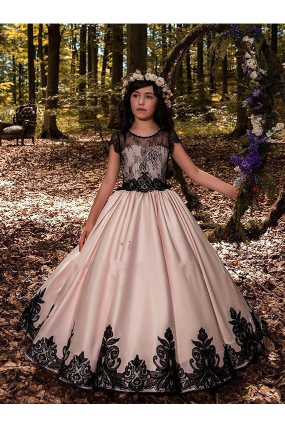 Marfil Cuello de Corazón Satén Encaje Largo vestidos de niña de las flores Descuento