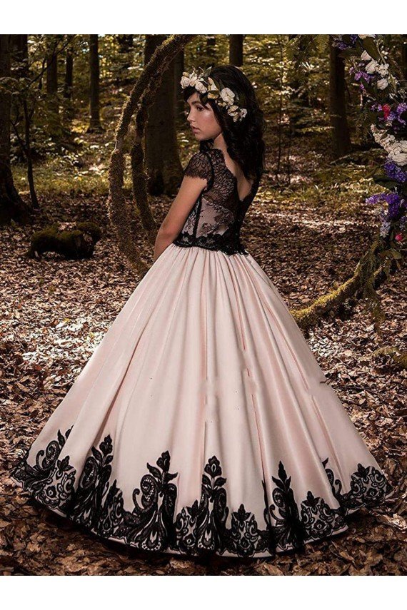 Marfil Cuello de Corazón Satén Encaje Largo vestidos de niña de las flores Descuento