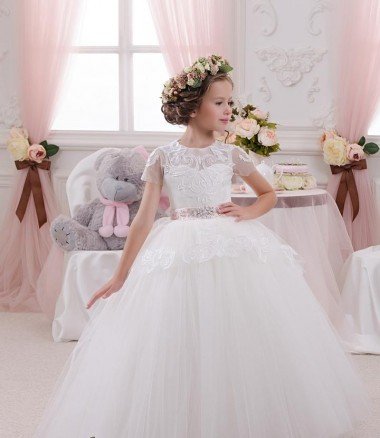 Marfil Cuello de Corazón Tul Encaje Largo vestidos de niña de las flores Descuento
