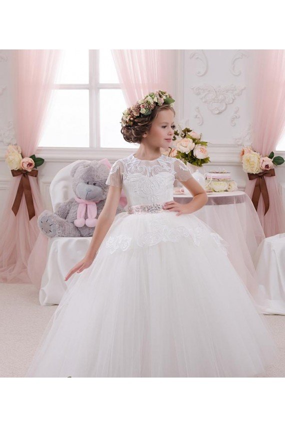 Marfil Cuello de Corazón Tul Encaje Largo vestidos de niña de las flores Descuento
