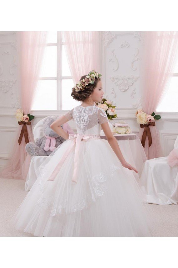 Marfil Cuello de Corazón Tul Encaje Largo vestidos de niña de las flores Descuento